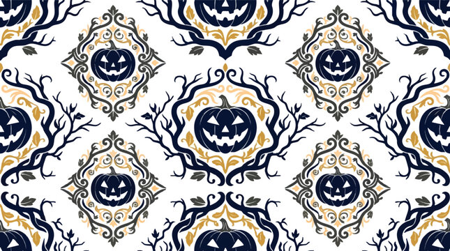 Ornate Halloween Damask Pattern with Jack-o'-lantern Medallions and Gothic Branches