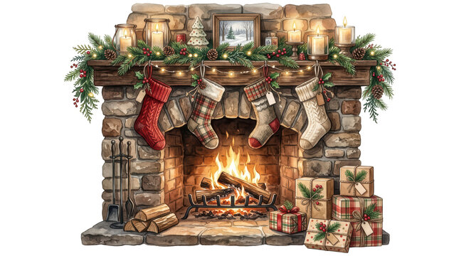 Cozy stone fireplace decorated for christmas isolated on transparent background