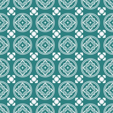 Teal and white traditional floral repeating pattern seamless background