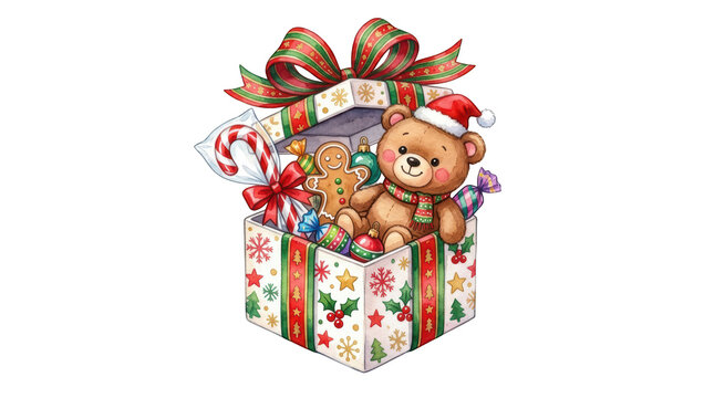 Cute christmas gift box with teddy bear and sweets isolated on transparent background