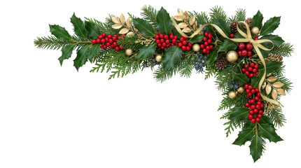 Fototapeta premium Christmas corner garland with holly, pine, and gold ribbon isolated on white isolated on transparent background