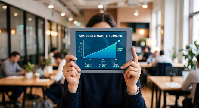 Generic individual tracking company success metrics on handheld tablet