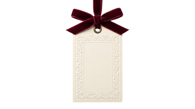 Luxury blank gift tag with embossed vintage frame and burgundy velvet bow, isolated cutout element for Christmas and wedding