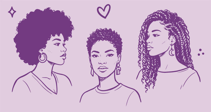 African american women portraits line vector set featuring afro short curls and braided hairstyles with heart and star on purple background