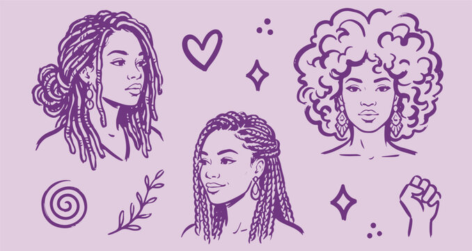 African american women portraits line vector set featuring dreadlocks afro and braids hairstyles with heart fist and leaf on purple background
