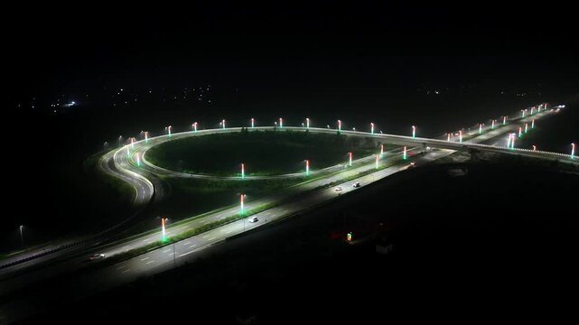 Aerial night shot of highways in India, Vehicle running in speed on highways