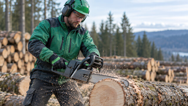 Forestry Worker Cutting a Felled Timber Log With a Chainsaw at Harvest Site