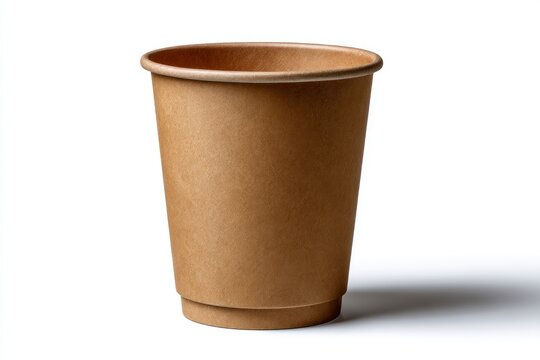 Empty brown paper cup for hot drinks, disposable cardboard container isolated on white background.