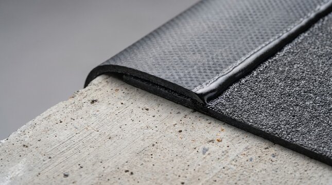 Overlap thermal hot air welding seam detail of synthetic waterproofing membrane sheet on concrete foundation basement slab for commercial building subterranean water protection