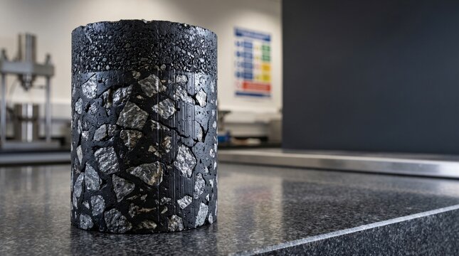 Cylindrical cross section asphalt pavement core specimen showing compacted aggregate bitumen binder layers for highway road surface quality control and material testing analysis