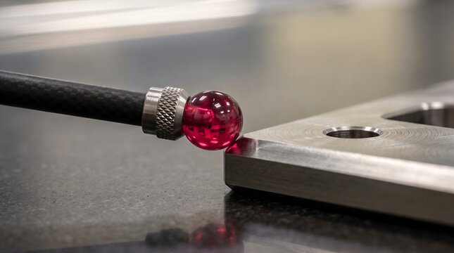 Precision ruby stylus ball probe of coordinate measuring machine CMM touching calibrated machined titanium component surface on granite table in quality control metrology lab