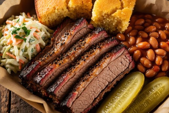 Sliced beef brisket served with baked beans, coleslaw, corn bread, pickles. Traditional Southern BBQ meal in paper tray. Juicy smoked meat with red smoke ring on wooden table. Delicious American