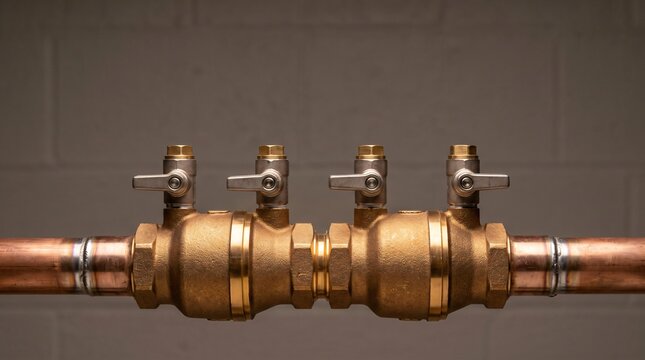 Heavy duty commercial brass double check backflow preventer valve assembly with test cocks and shutoff ball valves installed on potable municipal drinking water supply line piping