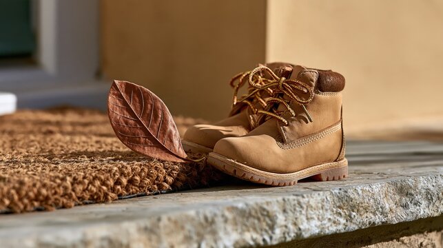 Funny doormat with brown boots and autumn leaf, cozy photo