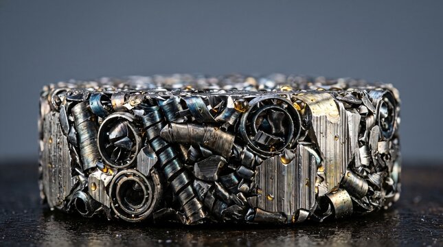 Dense cylindrical hydraulically compressed metal swarf briquette made from recovered steel lathe chips and milling turning scraps resting on cold rolled steel plate in factory yard