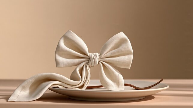 Whimsical linen napkin folded into bow shape on plate, photo
