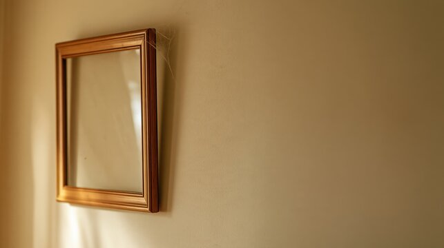 Funny crooked picture frame with spider web in corner, photo