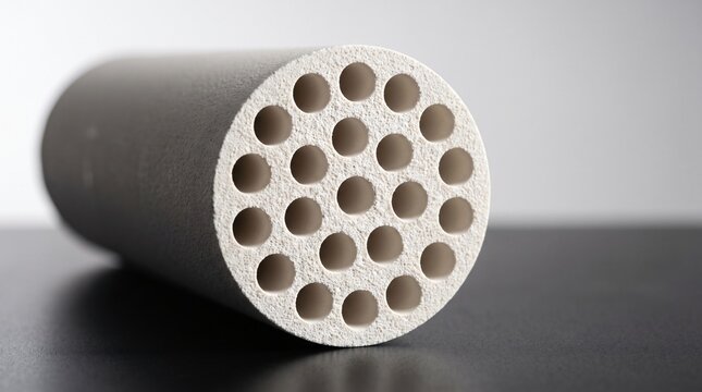 Porous inorganic ceramic microfiltration tubular membrane element cut cross section showing array of parallel circular capillary flow channels for high temperature liquid clarification
