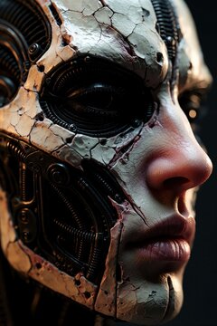 Close up of biomechanical human face mask with cracked skin texture. Cybernetic cyborg model features mechanical parts under realistic flesh. Futuristic sci-fi concept art showing hybrid organic,