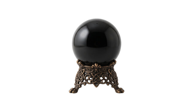 Glossy black crystal ball on simple ornate bronze stand for magic rituals.