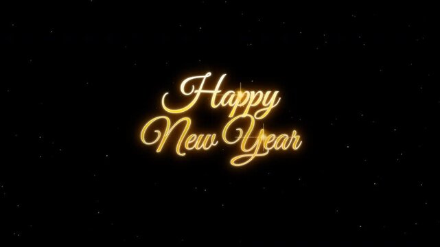 Golden Calligraphy Happy New Year Text Animation featuring glowing gold cursive typography, lens flare sparkle glints, floating gold dust particles, and smooth fade transitions.