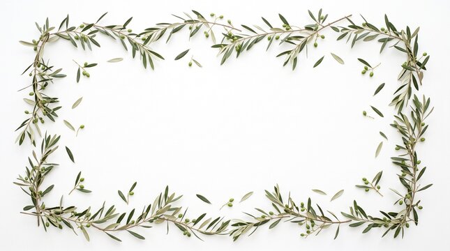 Fresh olive branch frame layout on white background, Mediterranean herbal plant border top view, minimalist green leaf rectangular composition for wedding invitation card design and copy space