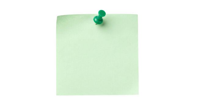Light green sticky note pinned with green push pin, blank memo paper isolated cutout element for office message and reminder note
