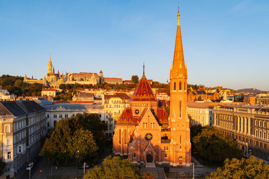 Szil&aacute;gyi dezso square reformed church at Sunrise in budapest Hungary