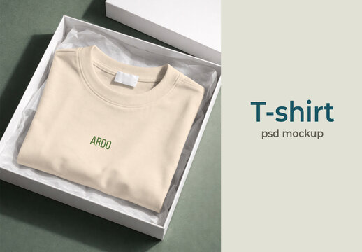 Minimal Folded Tshirt Mockup PSD In Gift Box&nbsp;Beige Apparel Display