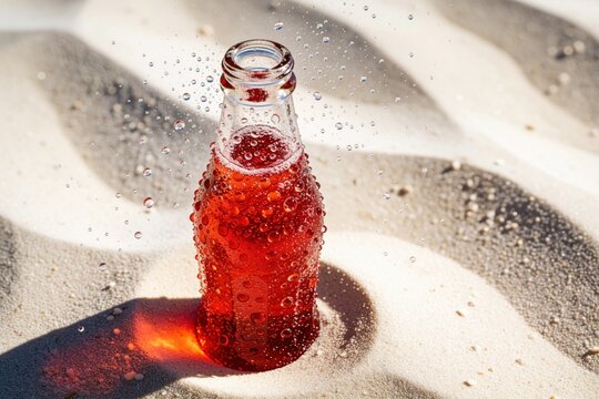 Open glass bottle with red liquid stands on hot sand. Water drops spray from bottle neck in desert heat. Refreshing cold soda drink quenches thirst on sunny beach. Summer beverage with bubbles, ice