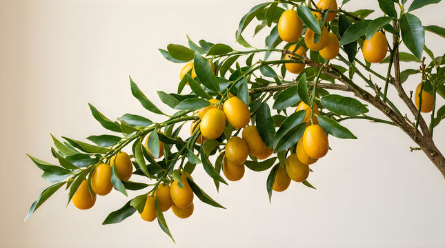 Fresh orange kumquat fruits growing on a green tree branch