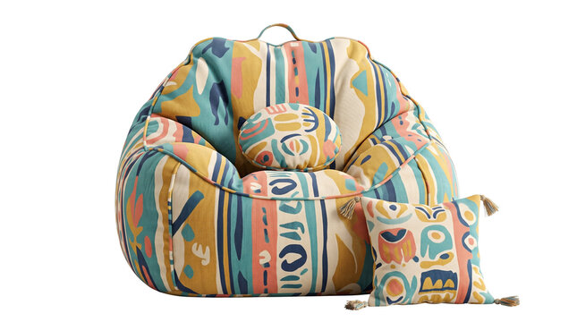 Bohemian patterned bean bag chair with matching decorative pillow, colorful tribal print lounge seating for modern home decor, cozy textile furniture isolated PNG with Transparent Background