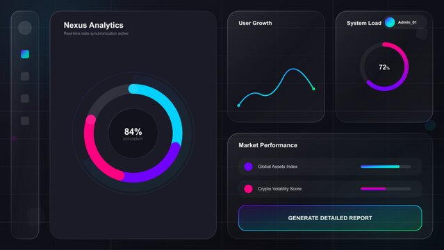Dark UI Analytics Dashboard Vector Interface Layout with Colorful Neon Pie Charts
