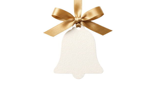 Christmas Bell Shaped Paper Gift Tag with Gold Ribbon Bow Isolated Element Cutout Blank Holiday Label Transparent PNG
