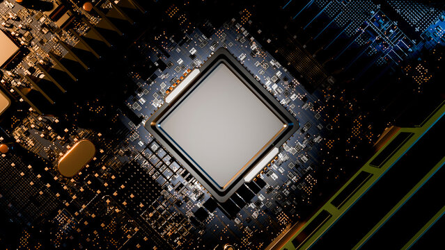 Microchip integrated circuit on high-tech circuit board illustration