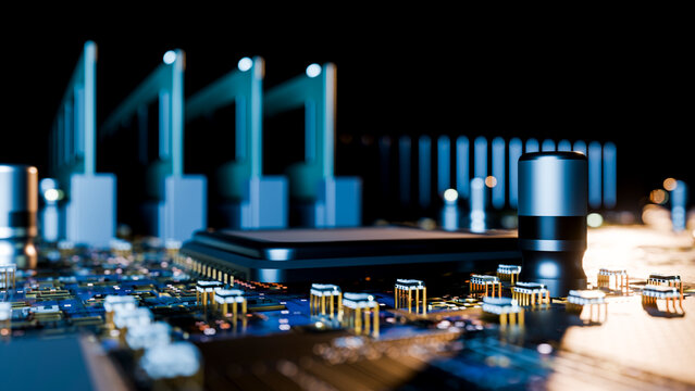Close-up of electronic components and microchip on circuit board