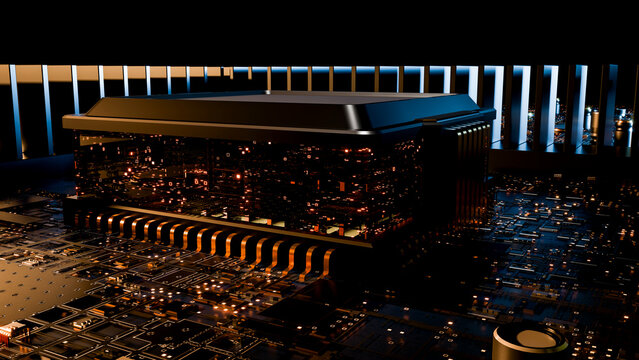 Microchip integrated circuit glowing on circuit board