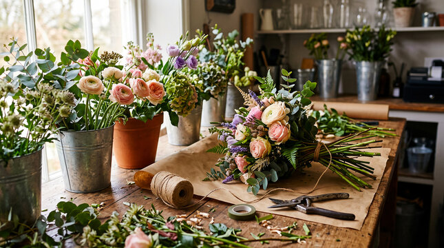 Independent Florist Worktable with Flowers and Wrapping Supplies