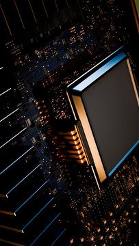 Microchip processor on circuit board with glowing components