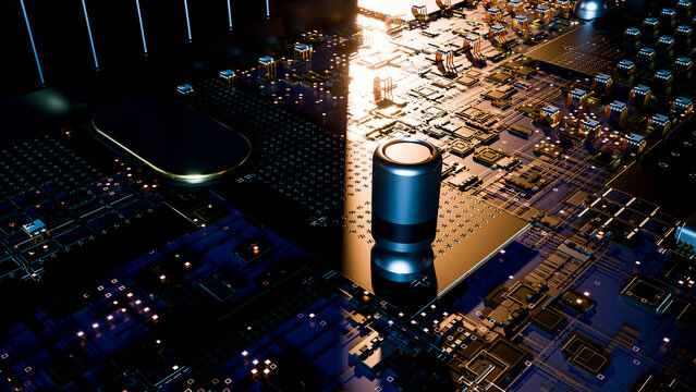 Microchip and electronic components on a circuit board illustration