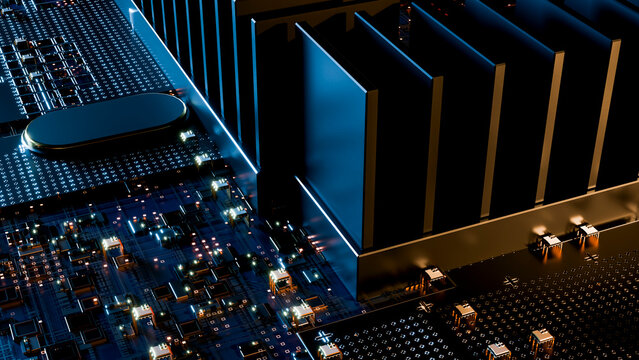 Computer chip with heat sink and illuminated electronic circuitry