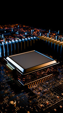 Computer microchip on circuit board with illuminated digital