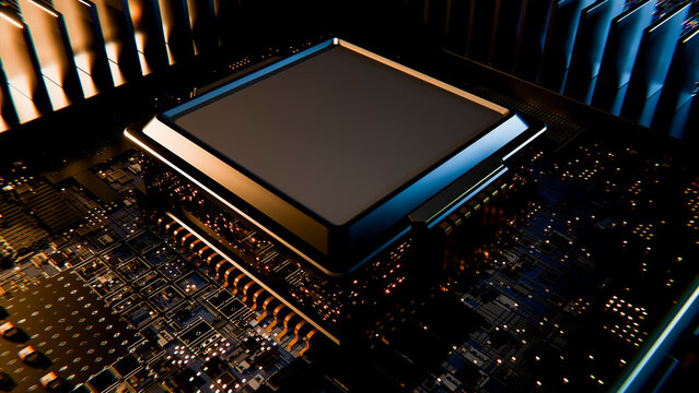 Close-up 3d render of a microchip on a circuit board