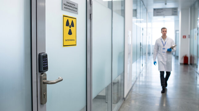 Radiation warning sign on door of radiopharmaceutical lab, nuclear medicine and radiation safety