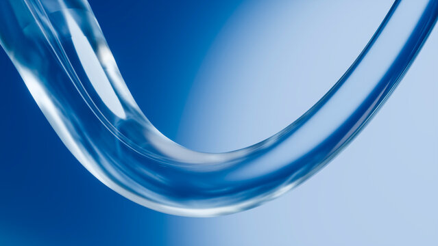 Curved transparent tube forming elegant fluid shape on blue background