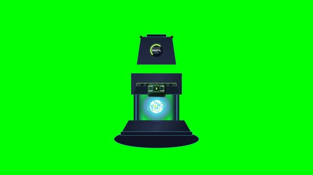 Premium 4K isometric 2.5D animation of a futuristic fintech energy machine generating money sheets until pressure overload triggers a dramatic cash explosion and money rain, isolated on green screen.