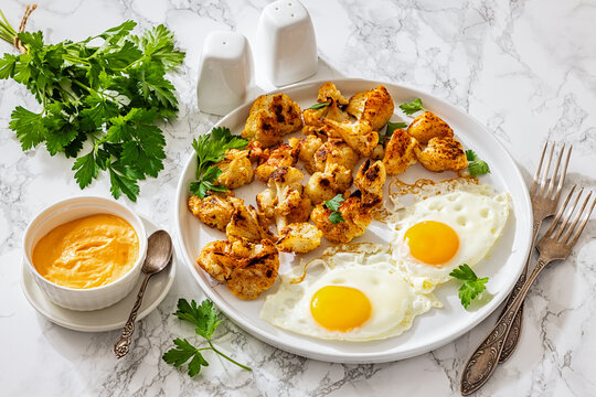 Fried eggs and roasted cauliflower on a plate