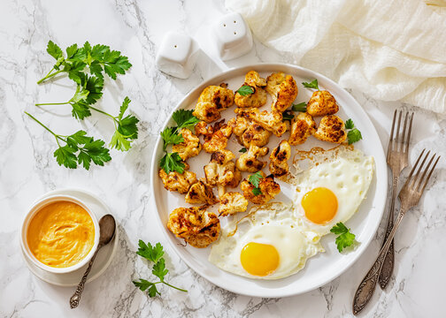 Baked crispy cauliflower served with  fried eggs