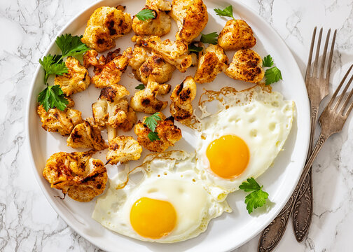 Chou fleur roti with fried eggs on plate