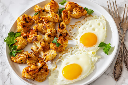 Roasted cauliflower with sunny side up fried eggs